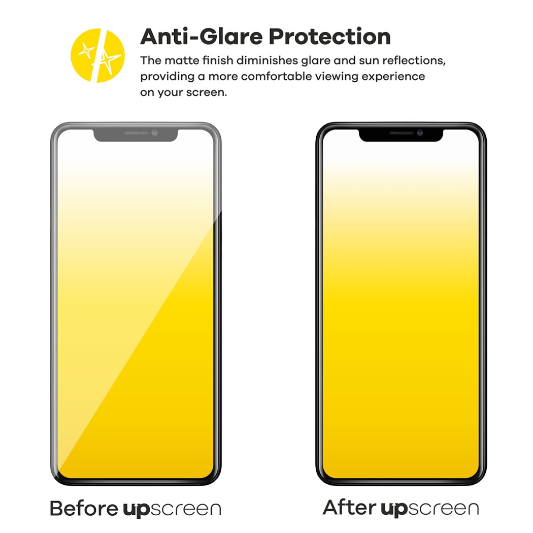 Deux appareils comparés – à gauche avec de forts reflets d'écran, à droite antireflet grâce au film de protection upscreen. Te