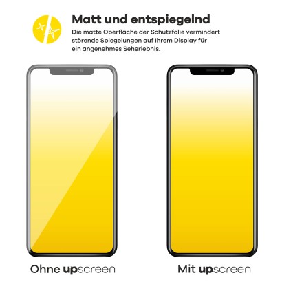 Zwei Geräte im Vergleich – links mit starker Bildschirmreflexion, rechts entspiegelt durch upscreen-Schutzfolie. Text: "Anti-G