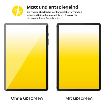 Zwei Geräte im Vergleich – links mit starker Bildschirmreflexion, rechts entspiegelt durch upscreen-Schutzfolie. Text: "Anti-G