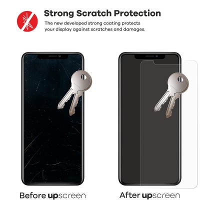 2 devices – one with upscreen, one without. Each is shown with 2 keys. The device without upscreen is heavily scratched, the o