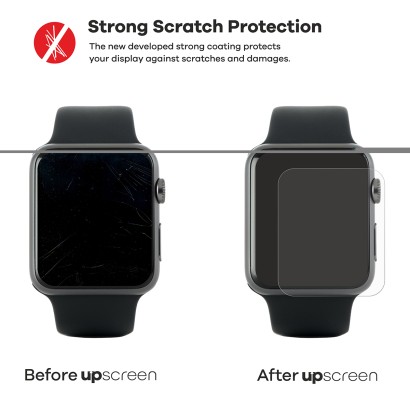 2 devices – one with upscreen, one without. Each is shown with 2 keys. The device without upscreen is heavily scratched, the o