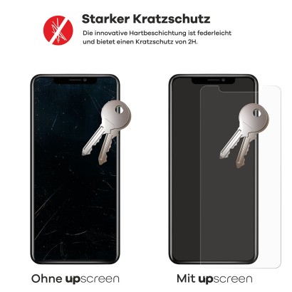 2 Geräte – eines mit upscreen, eines ohne. Zusätzlich sind je 2 Schlüssel abgebildet. Das Gerät ohne upscreen ist stark verkra