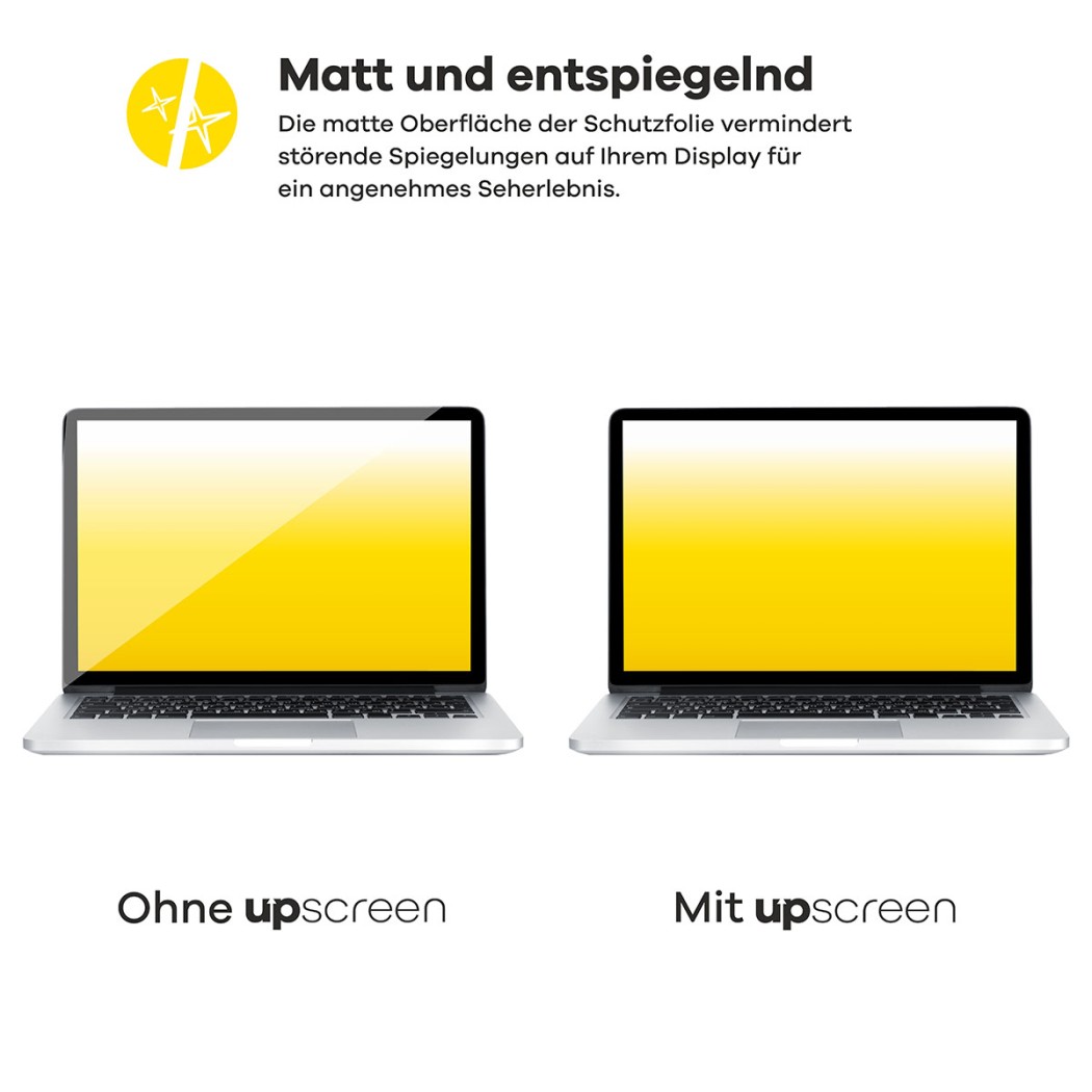 Zwei Geräteim Vergleich – links mit starker Bildschirmreflexion, rechts entspiegelt durch upscreen-Schutzfolie. Text: