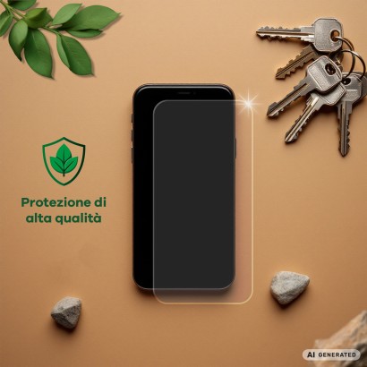 Dispositivo con pellicola protettiva, accanto chiavi, pietre, foglie e il testo "Protezione di alta qualità".