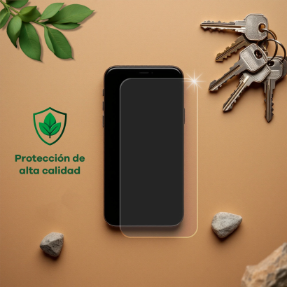 Dispositivo con protector de pantalla, junto a llaves, piedras, hojas y el texto "Protección de alta calidad".