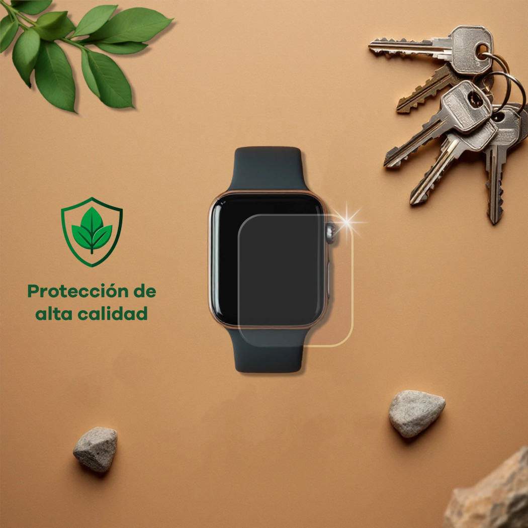 Dispositivo con protector de pantalla, junto a llaves, piedras, hojas y el texto 