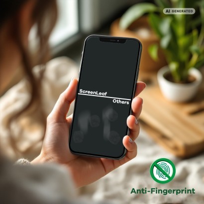 Smartphone con due pellicole protettive, ScreenLeaf sopra e un’altra sotto. Le impronte digitali sono chiaramente visibili sul