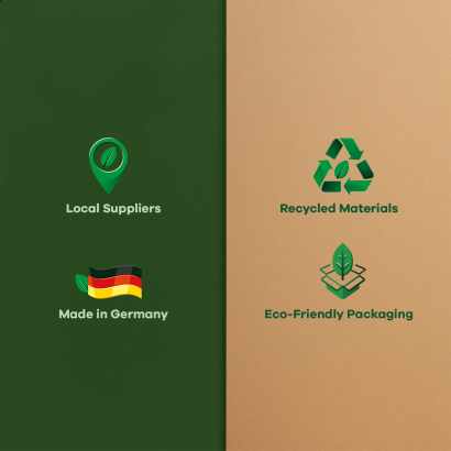 Letterings that include the following information: regional suppliers, "Made in Germany" recycled materials, and environmental