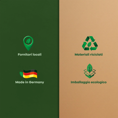 Scritte che includono le seguenti informazioni: fornitori regionali, materiali riciclati "Made in Germany" e imballaggi ecolog