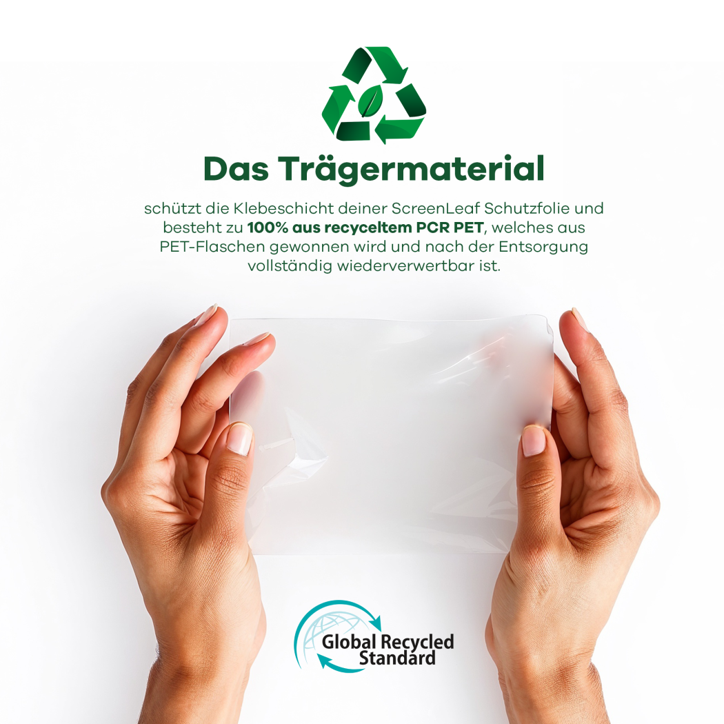 Informationen über das recycelte Trägermaterial, welches zu 100% aus recycletem PCR PET besteht. Unten ist das Logo der 