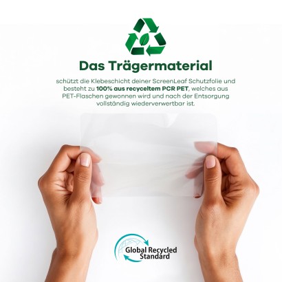 Informationen über das recycelte Trägermaterial, welches zu 100% aus recycletem PCR PET besteht. Unten ist das Logo der "Globa