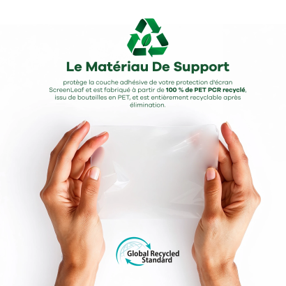 Informations sur le matériau support recyclé, composé à 100 % de PET PCR recyclé. En bas se trouve le logo du "Global Recycled