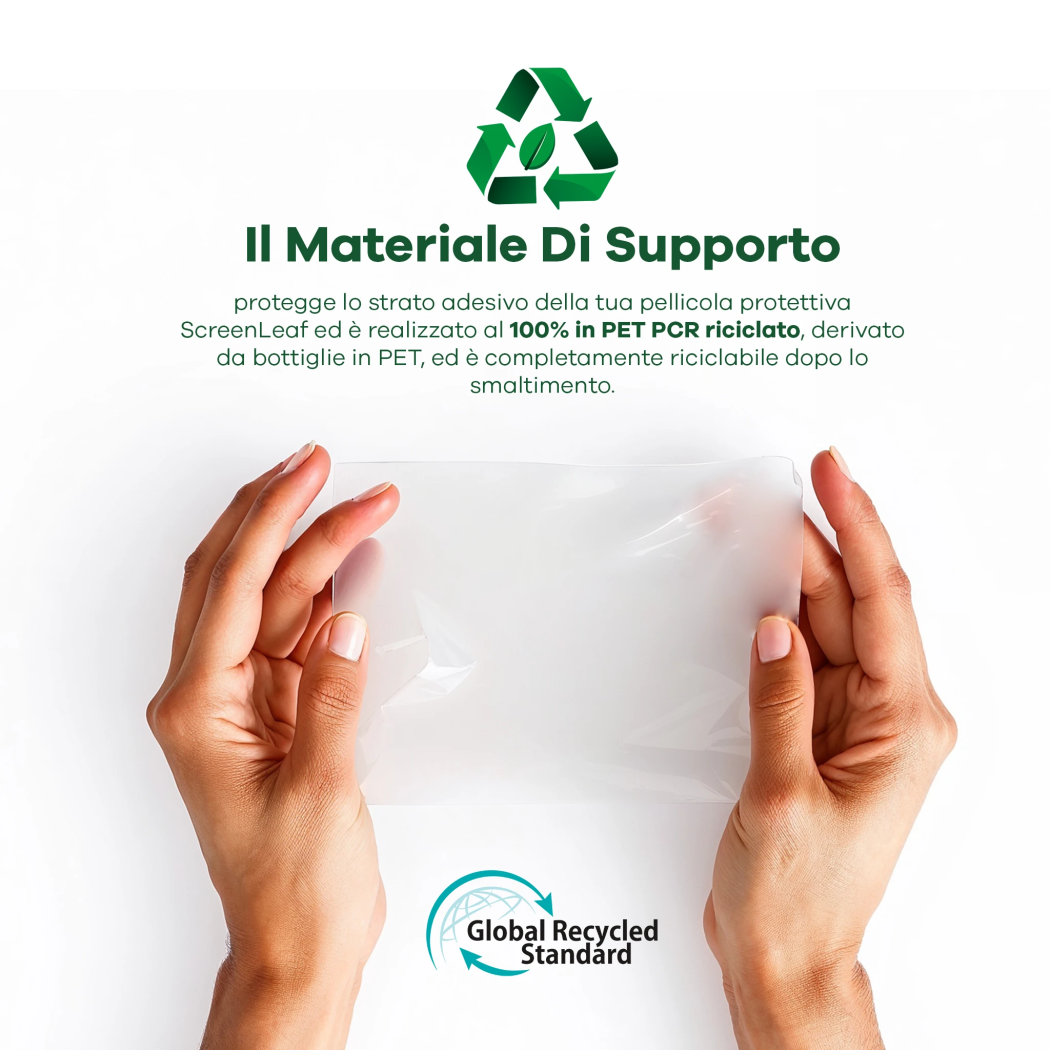 Informazioni sul materiale di supporto riciclato, composto al 100% da PET PCR riciclato. In basso è visibile il logo del 