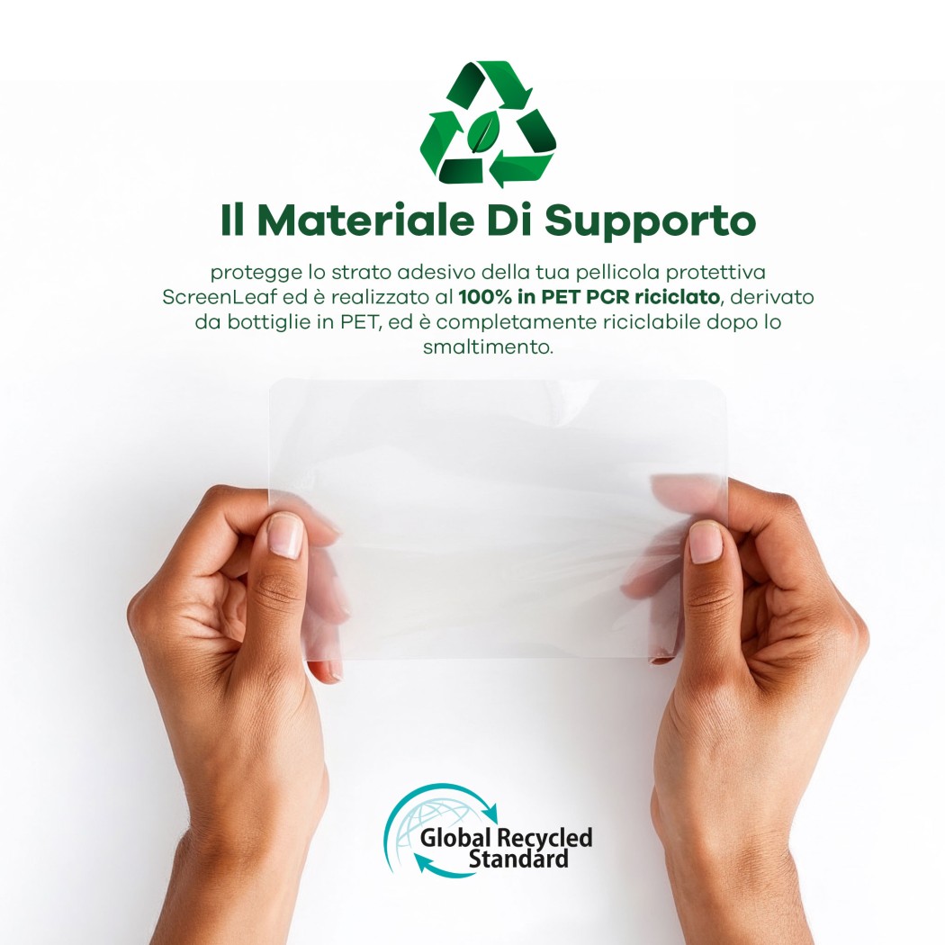 Informazioni sul materiale di supporto riciclato, composto al 100% da PET PCR riciclato. In basso è visibile il logo del 