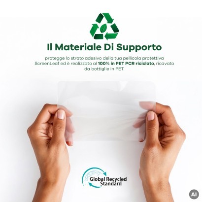 Informazioni sul materiale di supporto riciclato, composto al 100% da PET PCR riciclato. In basso è visibile il logo del "Glob