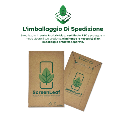 Informazioni sulla busta di spedizione, realizzata in carta kraft riciclata e certificata FSC. L'imballaggio è inoltre raffigu