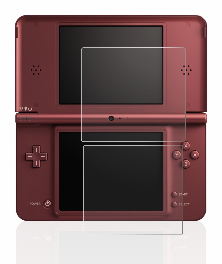 Imagen del dispositivo Nintendo DSi XL con una amplia variedad de protectores de pantalla.