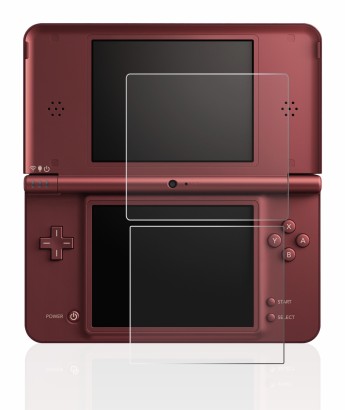 Imagen del dispositivo Nintendo DSi XL con una amplia variedad de protectores de pantalla.