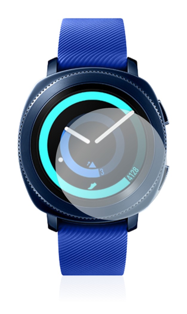 Immagine del dispositivo Samsung Gear Sport con un'ampia varietà di protezioni per lo schermo.