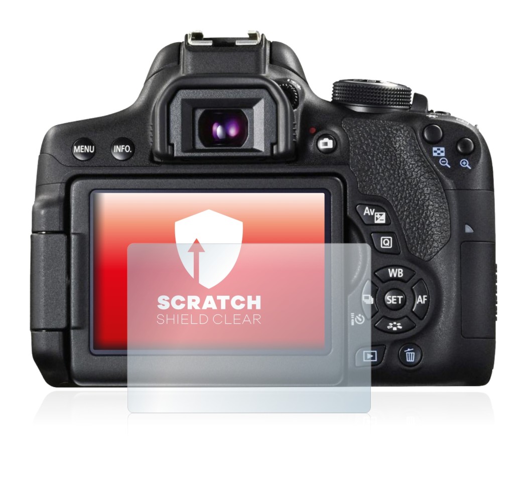 Immagine del dispositivo Canon EOS 750D con un'ampia varietà di protezioni per lo schermo.