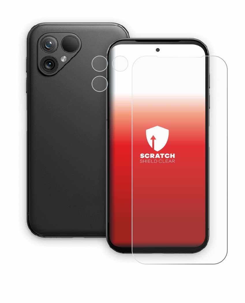 Abbildung des Geräts Fairphone 5 (Display+Kamera) mit einer Vielzahl des Displayschutzes.