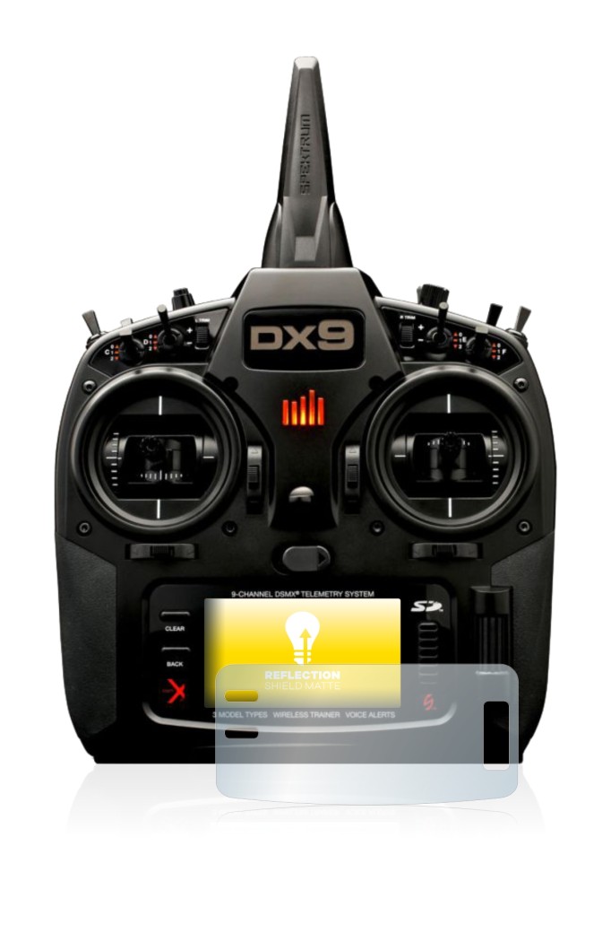 Abbildung des Geräts Spektrum DX9 mit einer Vielzahl des Displayschutzes.