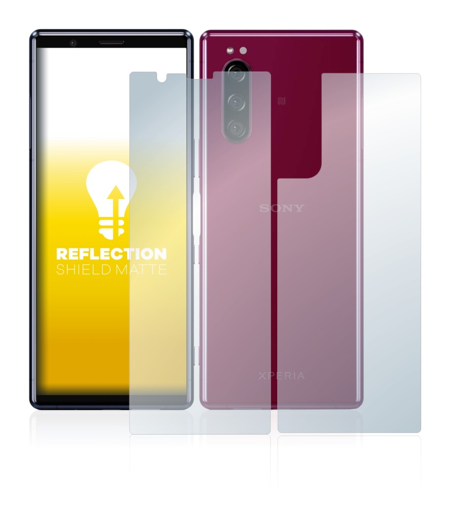 Abbildung des Geräts Sony Xperia 5 (Display+Rückseite) mit einer Vielzahl des Displayschutzes.