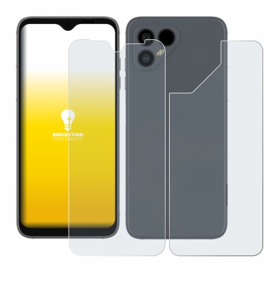 Abbildung des Geräts Fairphone 4 (Display+Rückseite) mit einer Vielzahl des Displayschutzes.