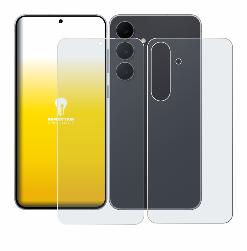 Abbildung des Geräts Samsung Galaxy S25 FE (Display+Rückseite) mit einer Vielzahl des Displayschutzes.