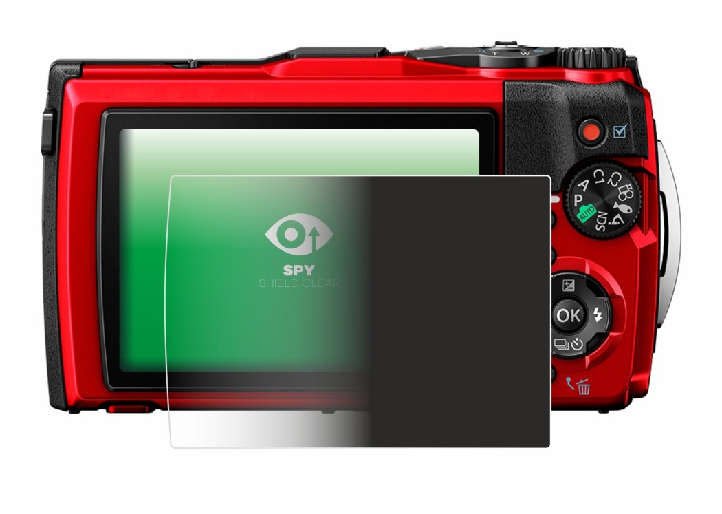 Abbildung des Geräts Olympus Tough TG-6 mit einer Vielzahl des Displayschutzes.
