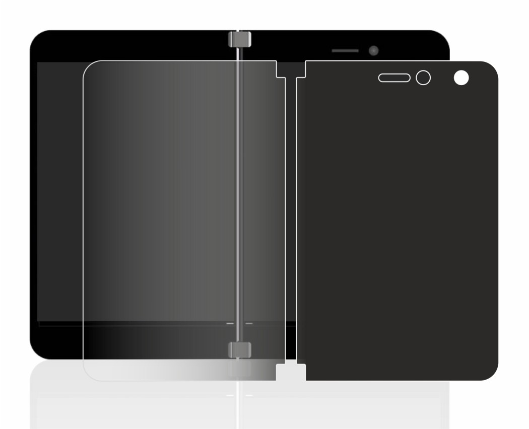 Immagine del dispositivo Microsoft Surface Duo con un'ampia varietà di protezioni per lo schermo.