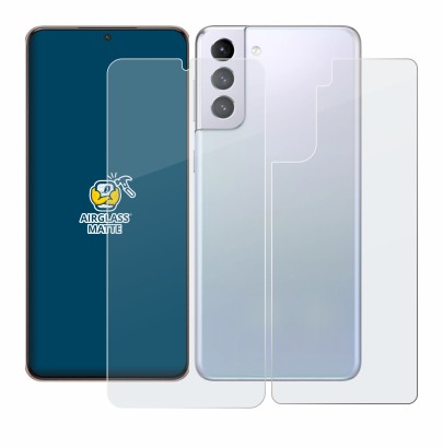 Abbildung des Geräts Samsung Galaxy S21 Plus 5G (Display+Rückseite) mit einer Vielzahl des Displayschutzes.