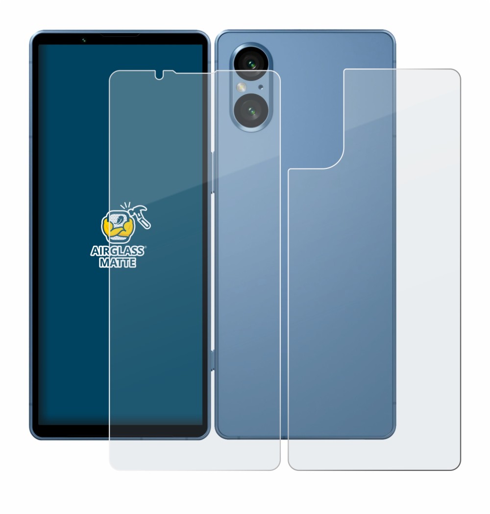 Abbildung des Geräts Sony Xperia 5 V (Display+Rückseite) mit einer Vielzahl des Displayschutzes.