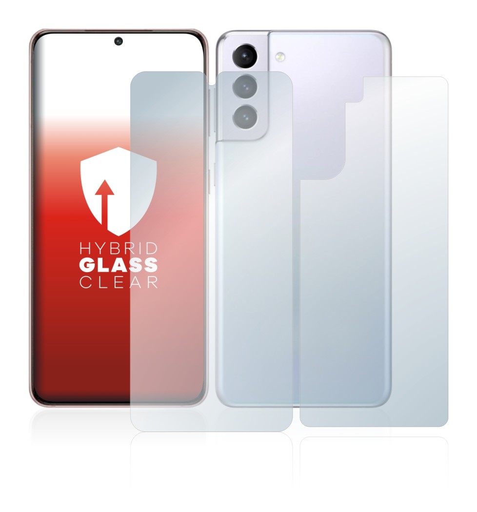 Abbildung des Geräts Samsung Galaxy S21 5G (Display+Rückseite) mit einer Vielzahl des Displayschutzes.