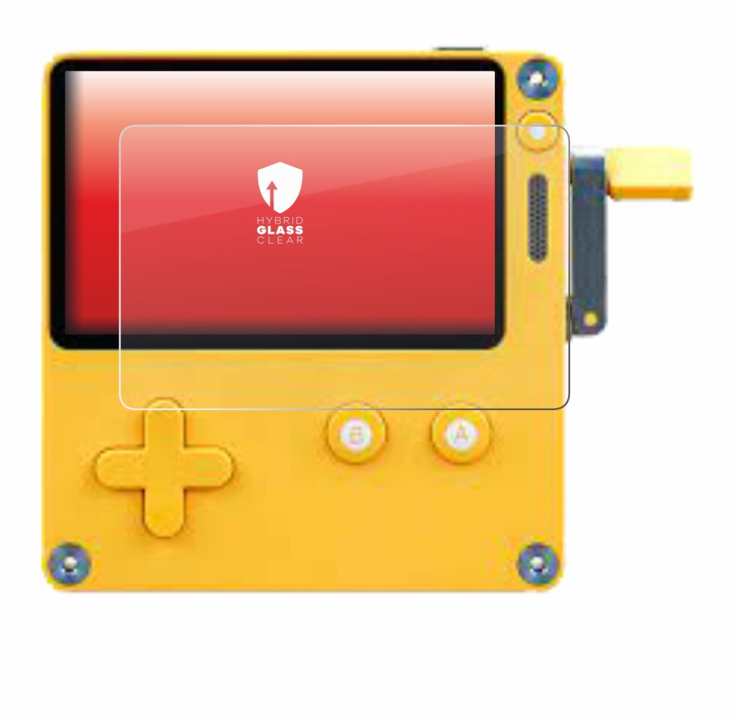 Image of the device Panic Playdate with a wide variety of screen protectors.