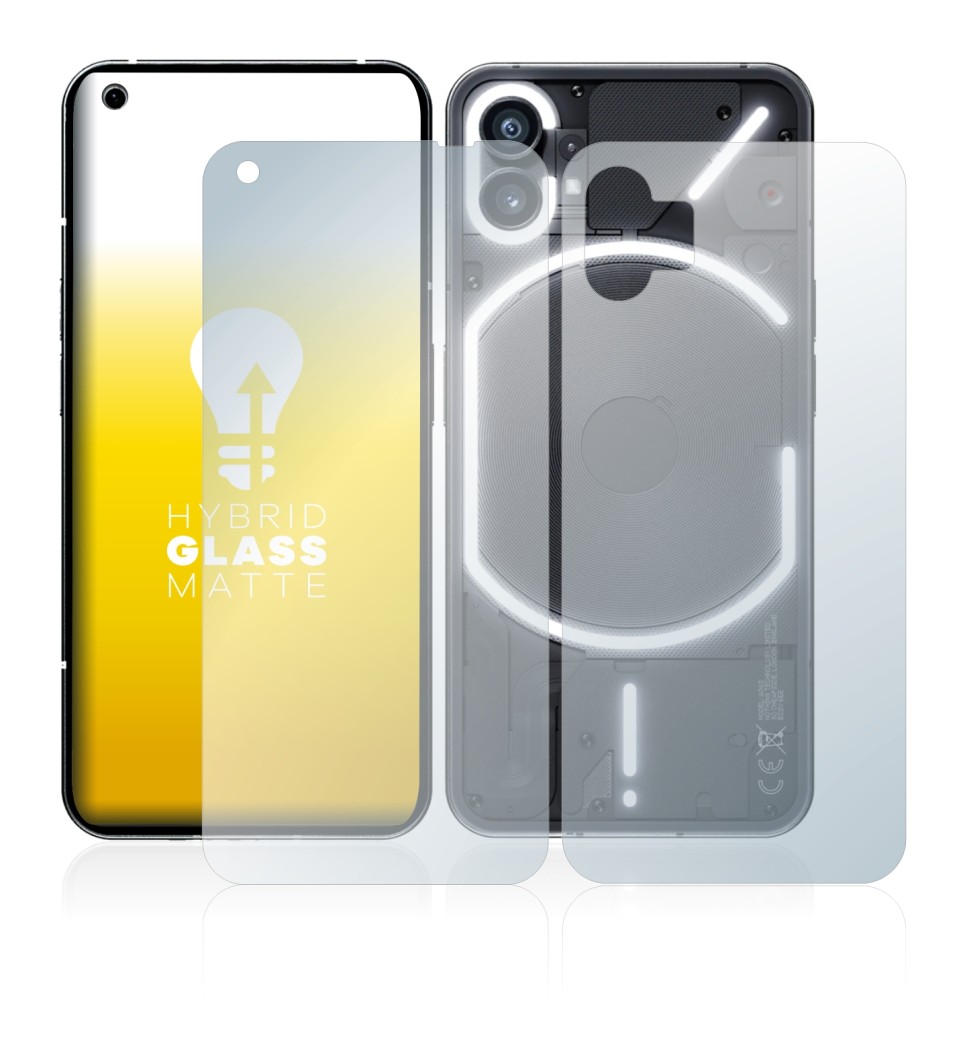 Abbildung des Geräts Nothing Phone (1) (Display+Rückseite) mit einer Vielzahl des Displayschutzes.