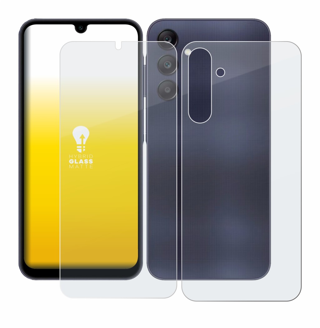 Image de l'appareil Samsung Galaxy A25 5G (Avant+Arrière) avec une grande variété de protections d'écran.