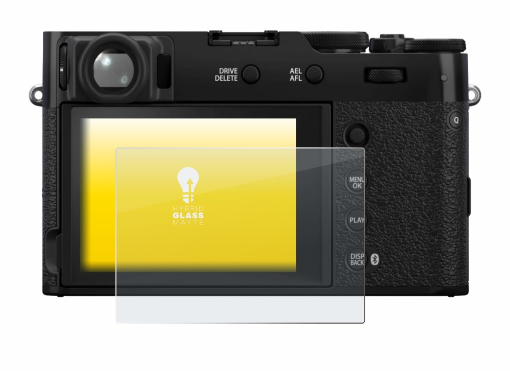Abbildung des Geräts Fujifilm X100VI mit einer Vielzahl des Displayschutzes.