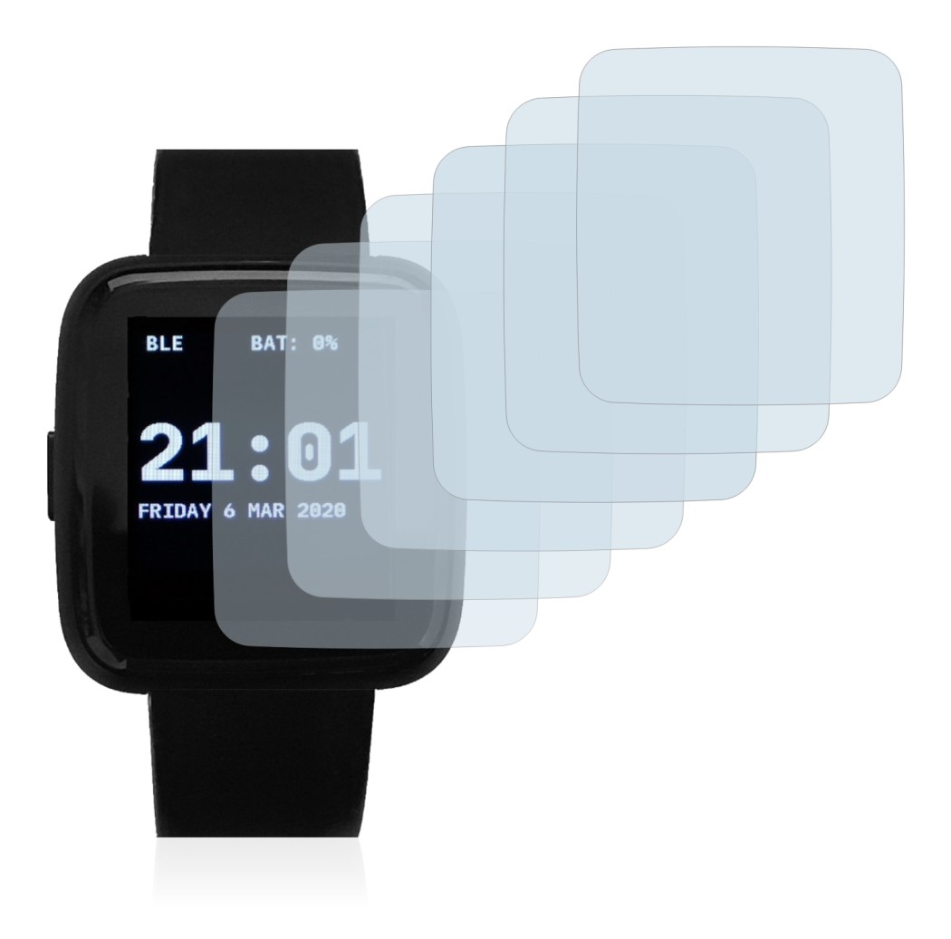 Image of the device Pine64 PineTime with a wide variety of screen protectors.