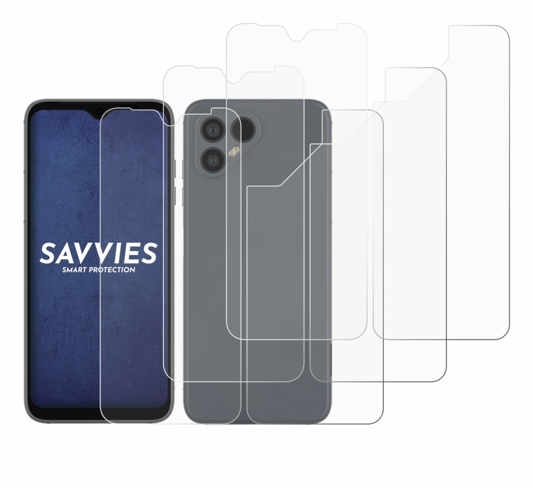 Abbildung des Geräts Fairphone 4 (Display+Rückseite) mit einer Vielzahl des Displayschutzes.