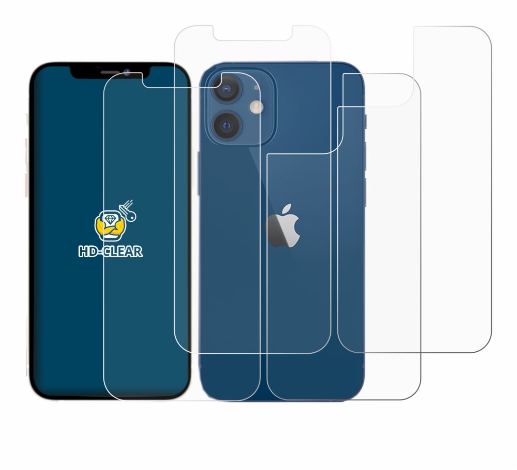 Abbildung des Geräts Apple iPhone 12 (Display+Rückseite) mit einer Vielzahl des Displayschutzes.