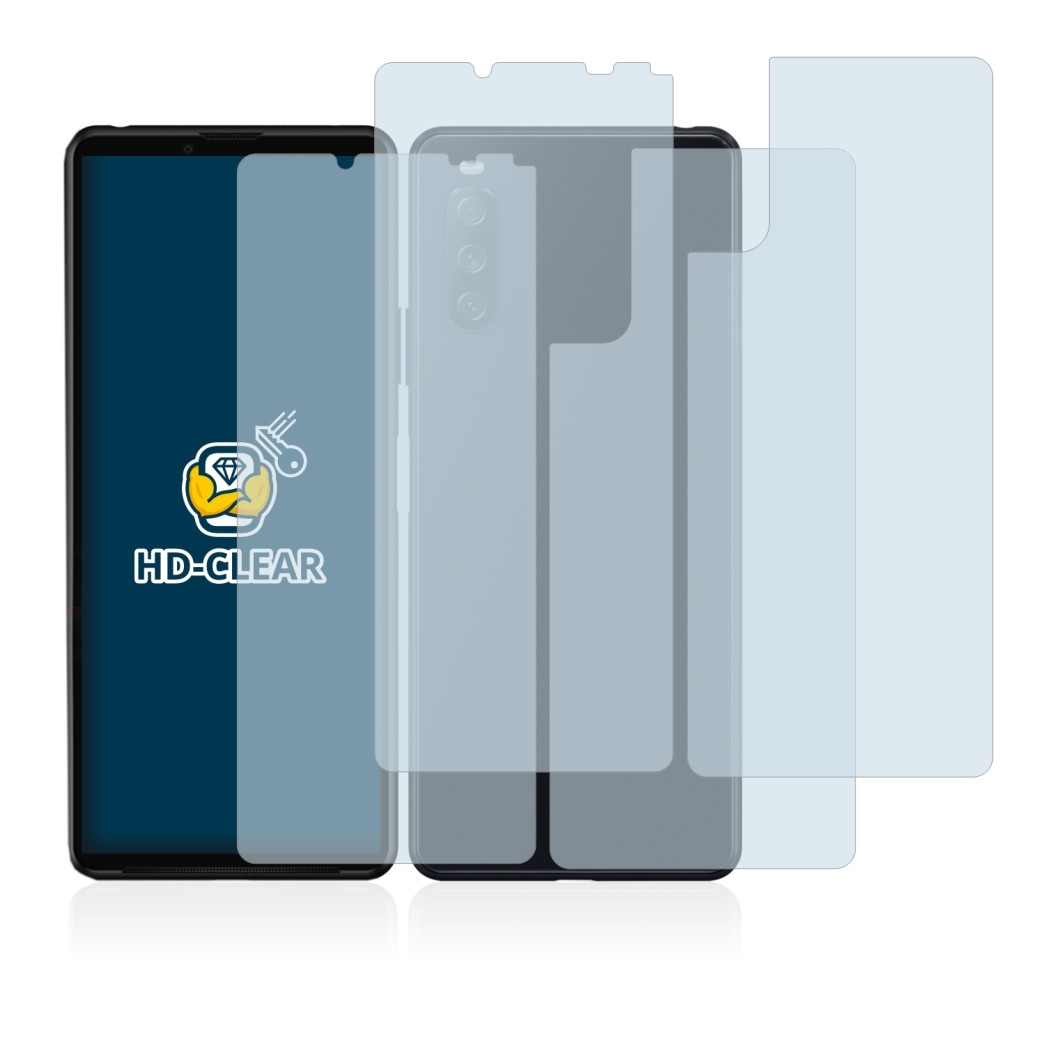 Abbildung des Geräts Sony Xperia 10 III (Display+Rückseite) mit einer Vielzahl des Displayschutzes.