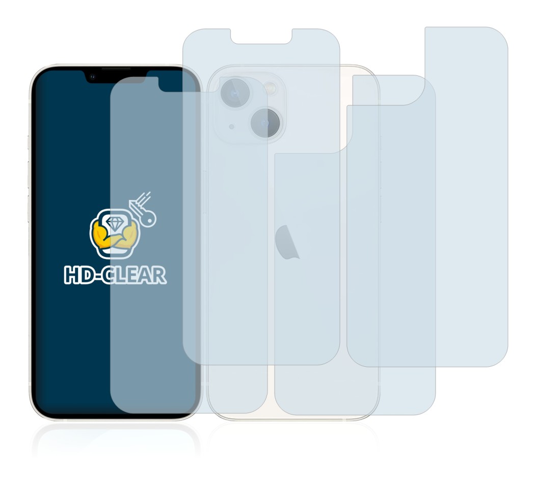 Image de l'appareil Apple iPhone 13 (Avant+Arrière) avec une grande variété de protections d'écran.