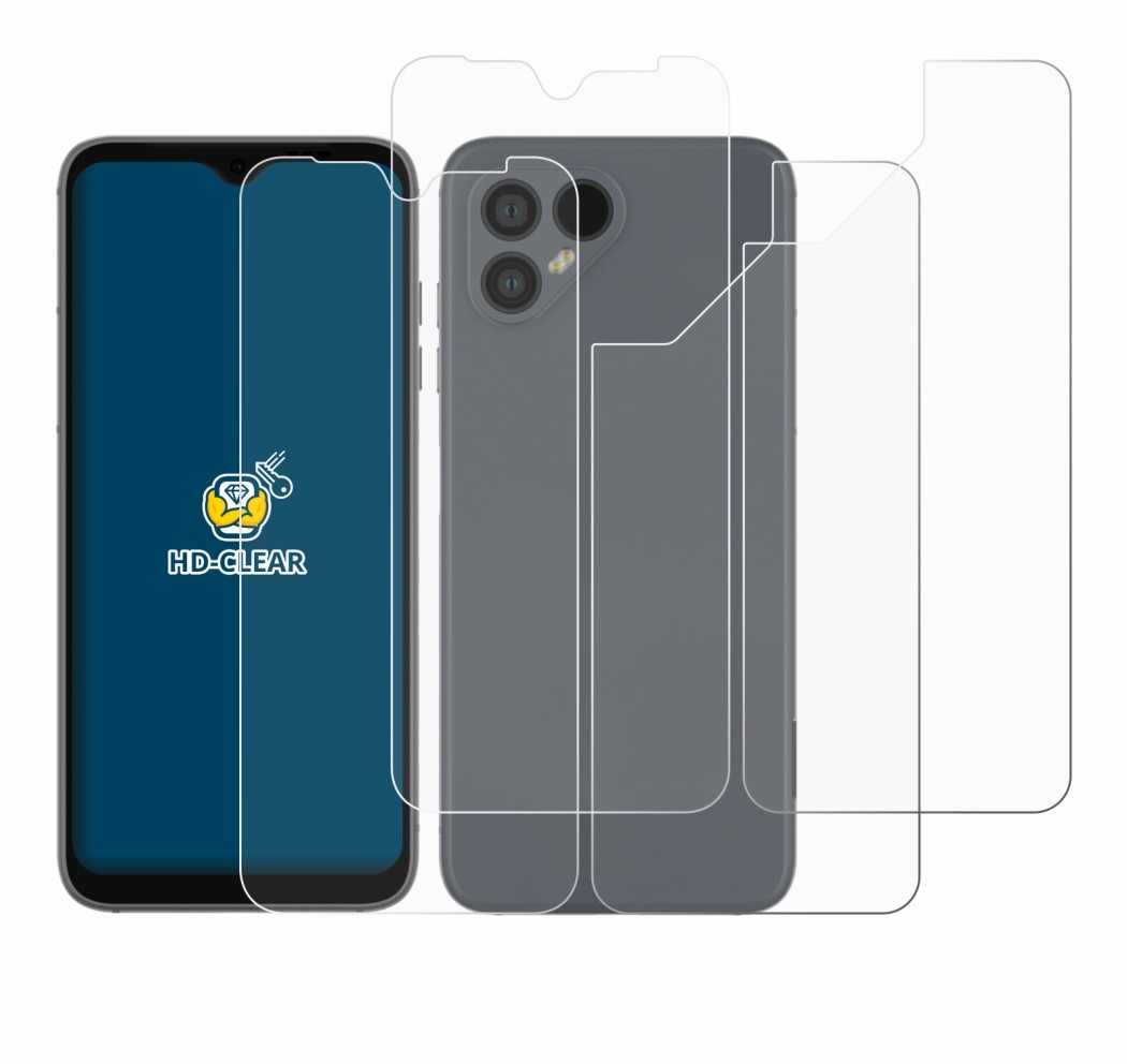 Abbildung des Geräts Fairphone 4 (Display+Rückseite) mit einer Vielzahl des Displayschutzes.