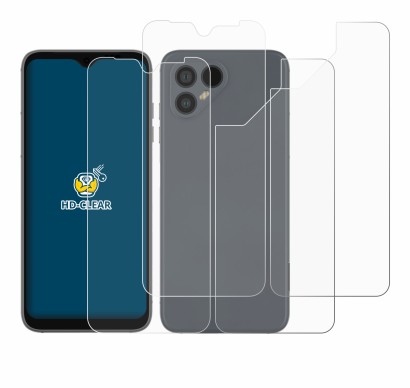 Abbildung des Geräts Fairphone 4 (Display+Rückseite) mit einer Vielzahl des Displayschutzes.