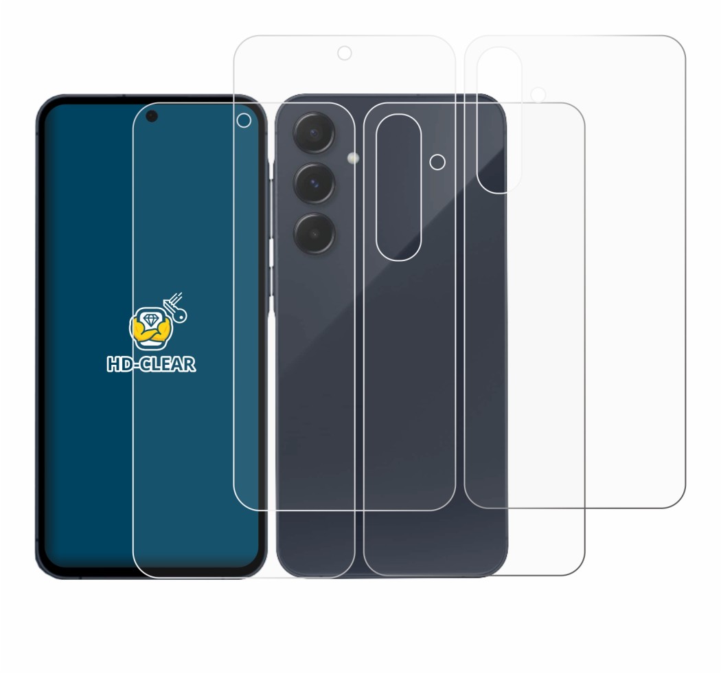 Abbildung des Geräts Samsung Galaxy A55 5G (Display+Rückseite) mit einer Vielzahl des Displayschutzes.