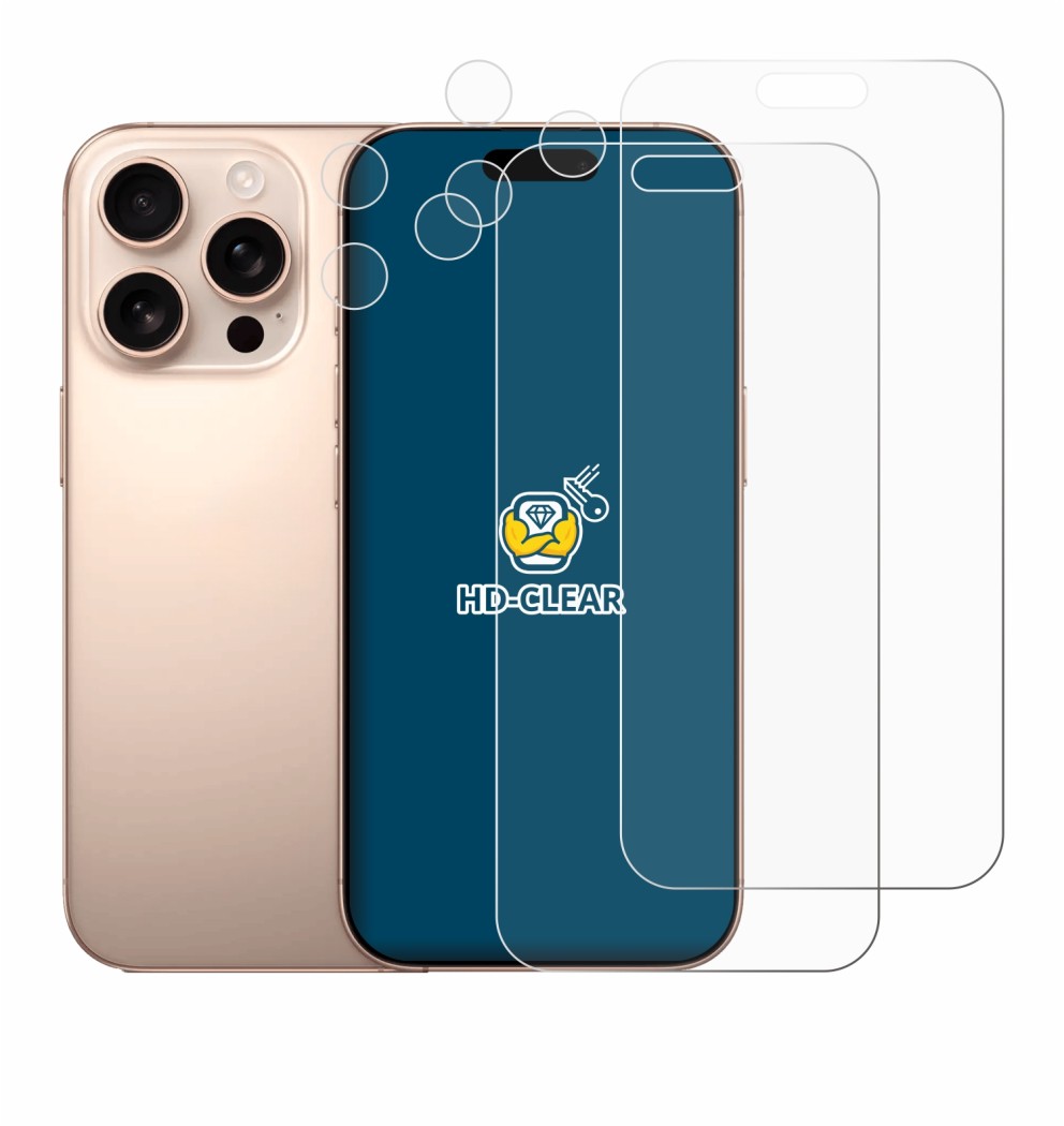 Imagen del dispositivo Apple iPhone 16 Pro Max (Frontal+Cámara) con una amplia variedad de protectores de pantalla.