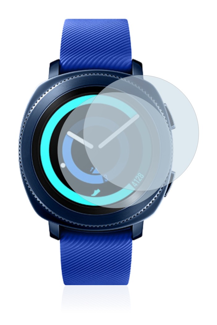Immagine del dispositivo Samsung Gear Sport con un'ampia varietà di protezioni per lo schermo.