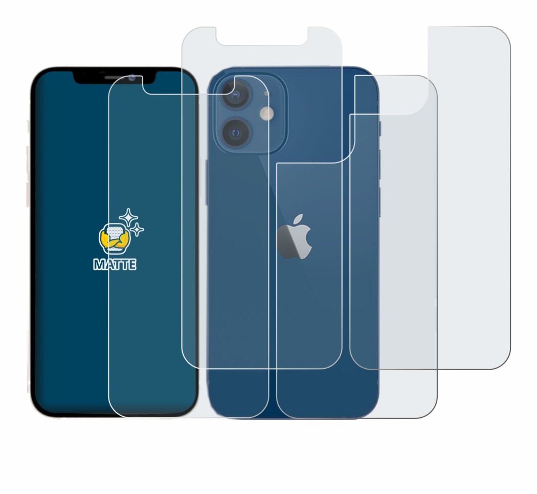 Abbildung des Geräts Apple iPhone 12 mini (Display+Rückseite) mit einer Vielzahl des Displayschutzes.