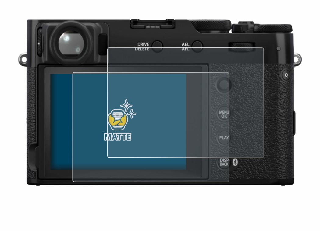 Abbildung des Geräts Fujifilm X100VI mit einer Vielzahl des Displayschutzes.